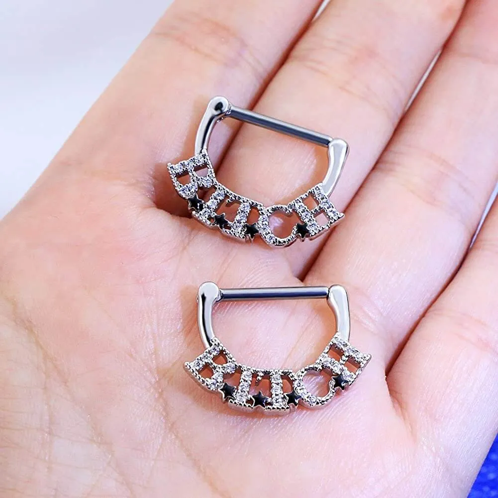 14G 2PCS Clear CZ Letter Nipple Rings Nipple Clickers Ring