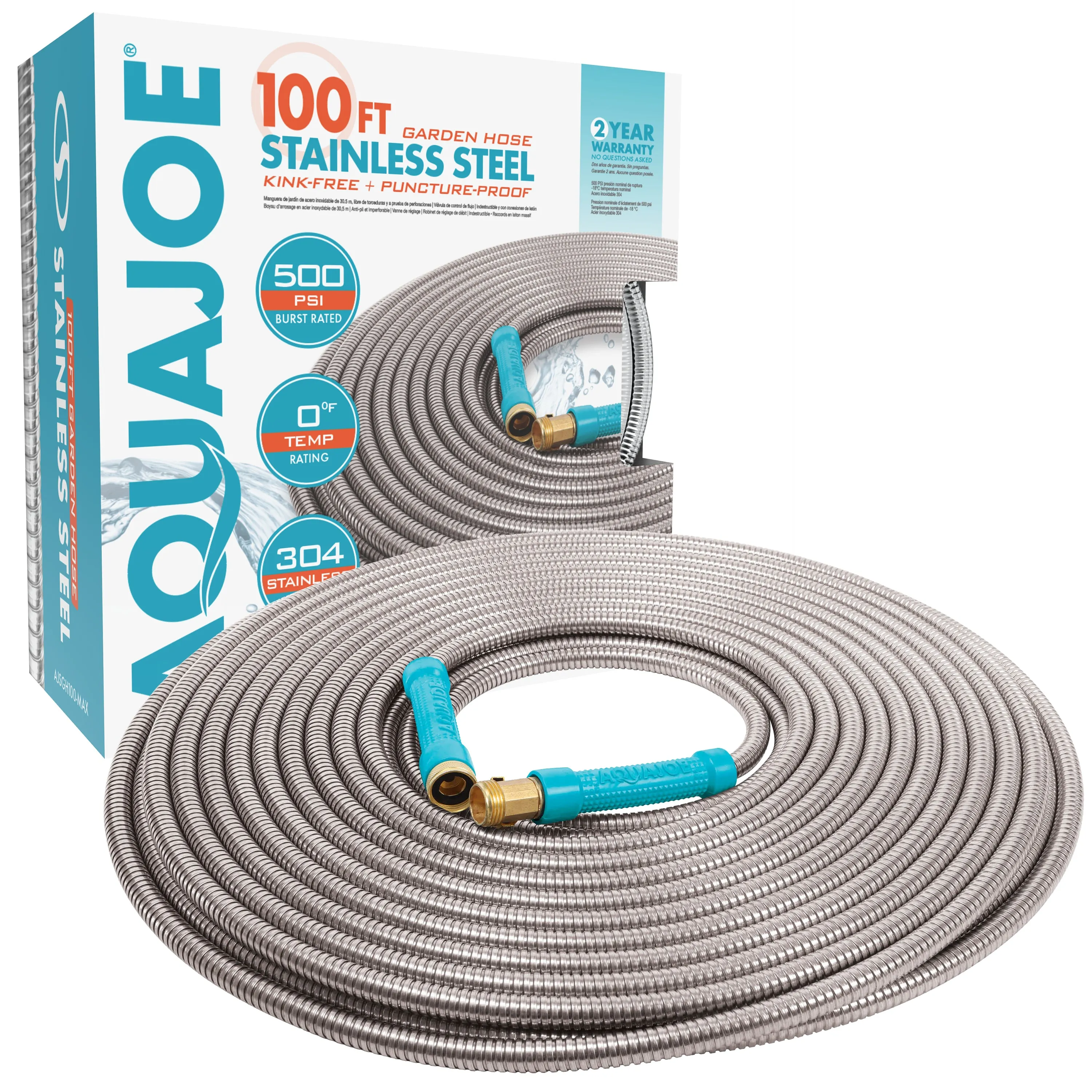 Aqua Joe AJSGH100-MAX Heavy-Duty Puncture Proof Kink-Free Garden Hose | 100-Foot | 1/2-Inch | w/ Brass Fitting & On/Off Valve | Spiral Constructed 304-Stainless Steel Metal