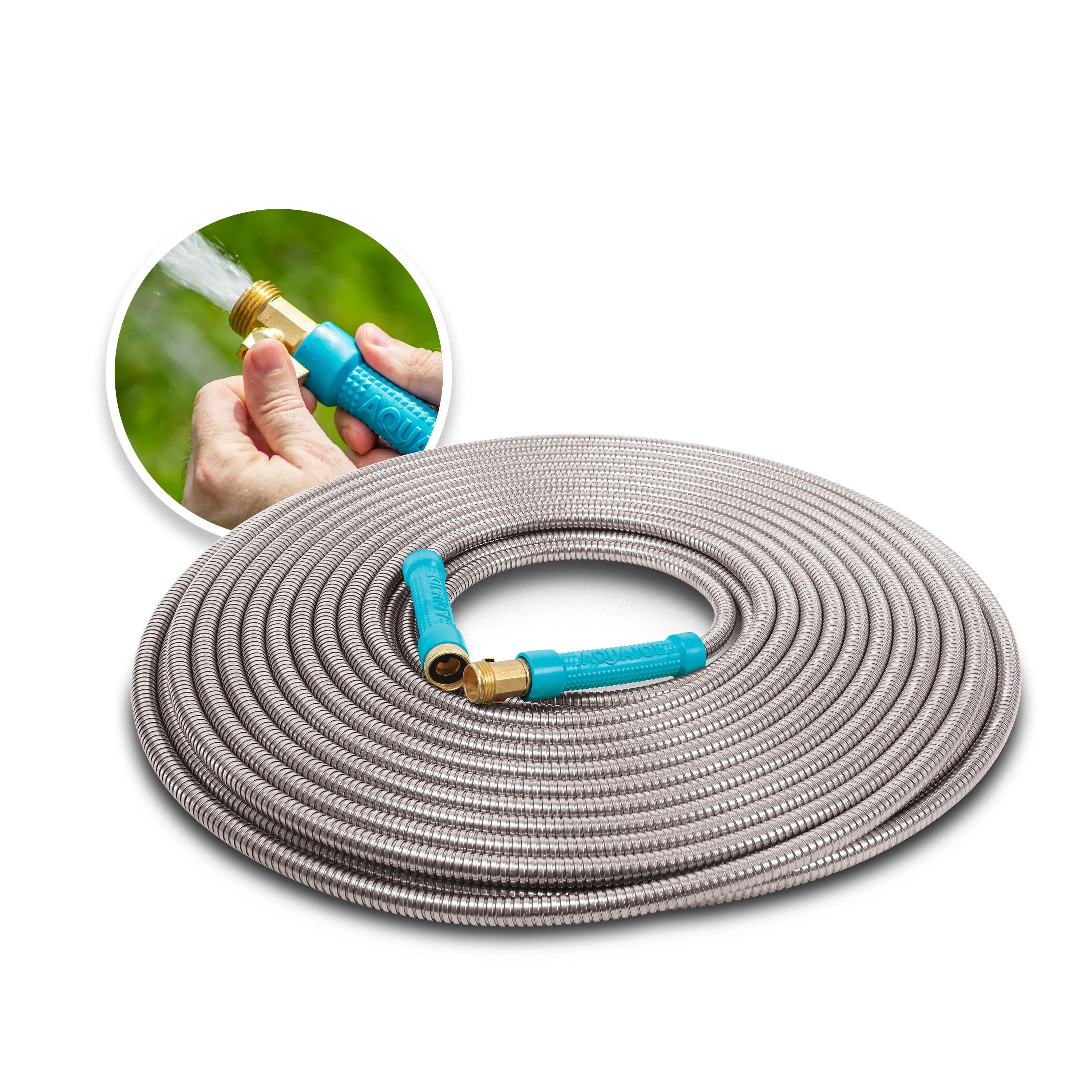 Aqua Joe AJSGH100-MAX Heavy-Duty Puncture Proof Kink-Free Garden Hose | 100-Foot | 1/2-Inch | w/ Brass Fitting & On/Off Valve | Spiral Constructed 304-Stainless Steel Metal