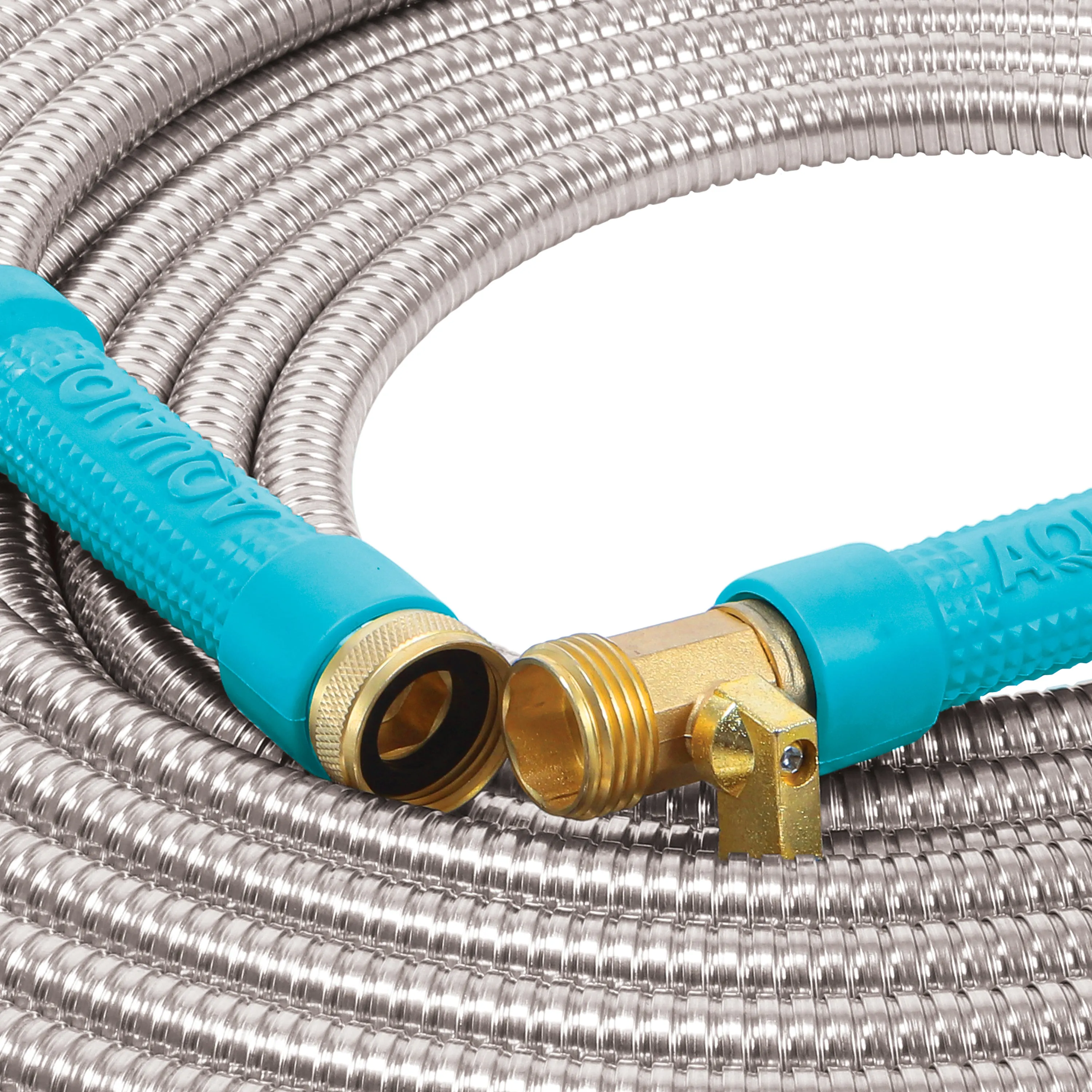 Aqua Joe AJSGH100-MAX Heavy-Duty Puncture Proof Kink-Free Garden Hose | 100-Foot | 1/2-Inch | w/ Brass Fitting & On/Off Valve | Spiral Constructed 304-Stainless Steel Metal
