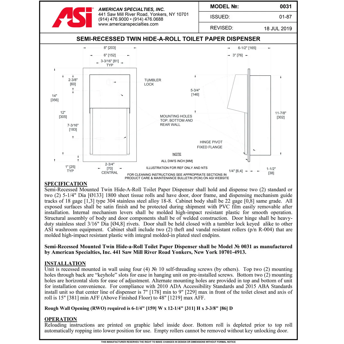 ASI 0031 Commercial Toilet Paper Dispenser, Recessed-Mounted, Stainless Steel w/ Satin Finish
