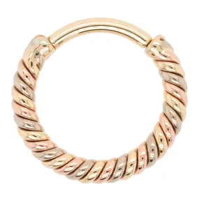"Desiree" Tri Tone Braided Hinge Ring in Yellow, White & Rose Gold