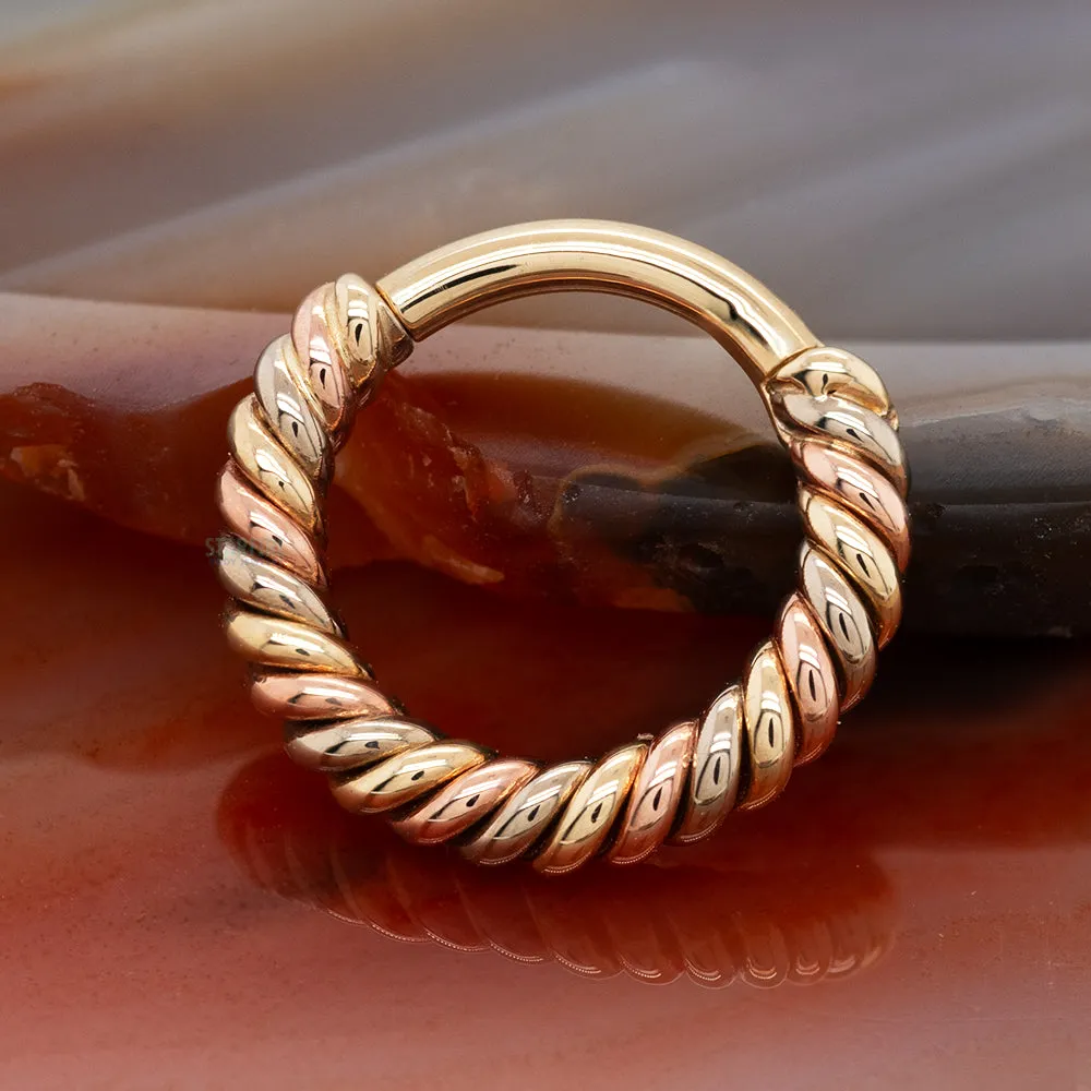 "Desiree" Tri Tone Braided Hinge Ring in Yellow, White & Rose Gold