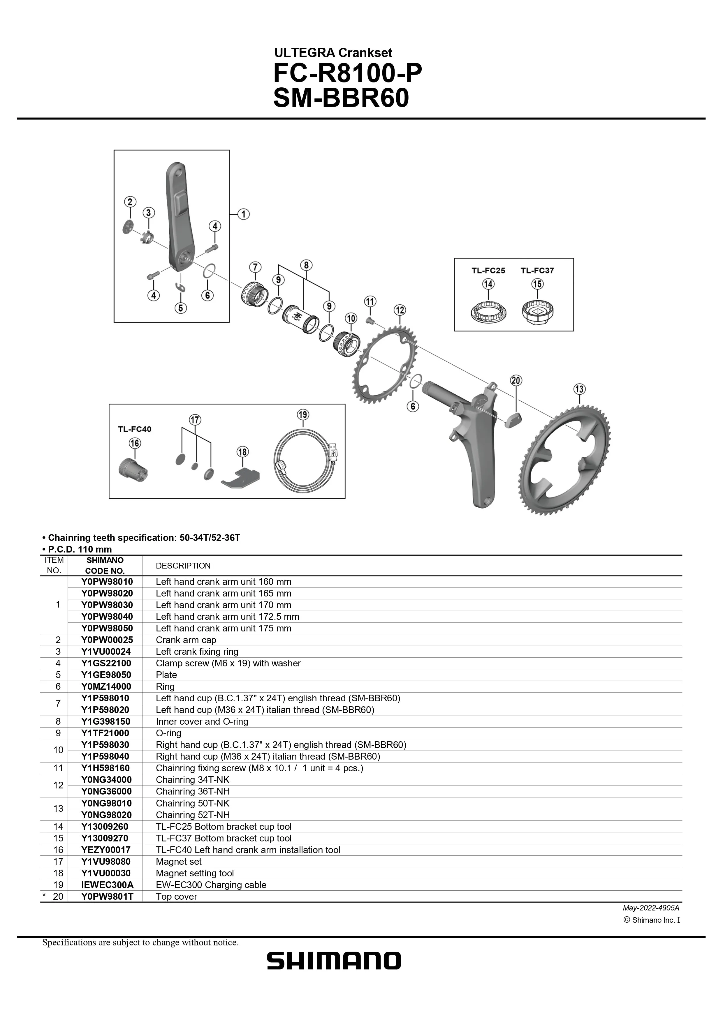 SHIMANO Ultegra FC-R8100-P Hollowtech II Power Meter 12-Speed Crank Arms